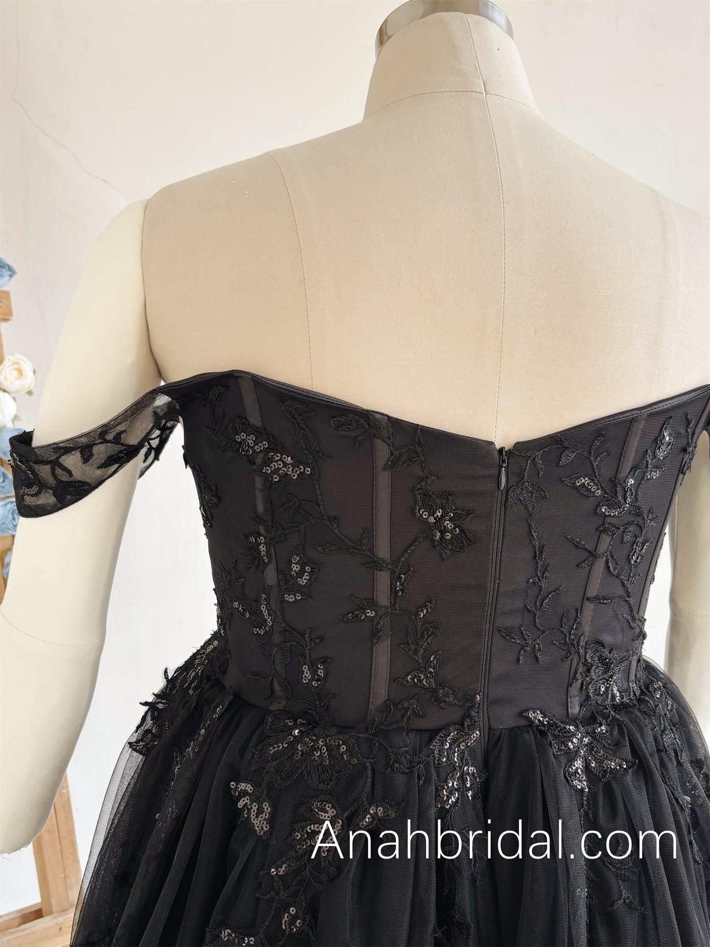 Black Embroidered Lace Wedding Dress