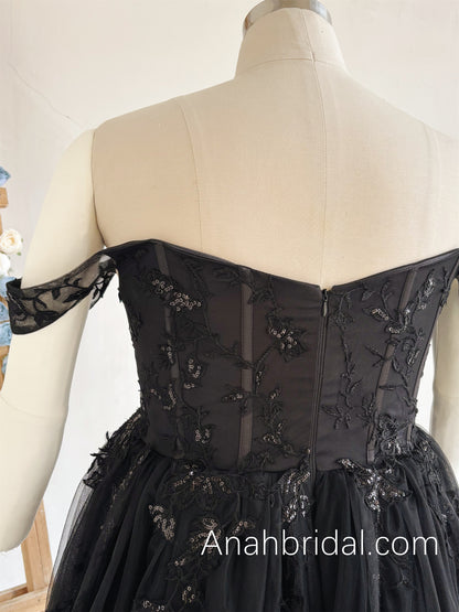 Black Embroidered Lace Wedding Dress