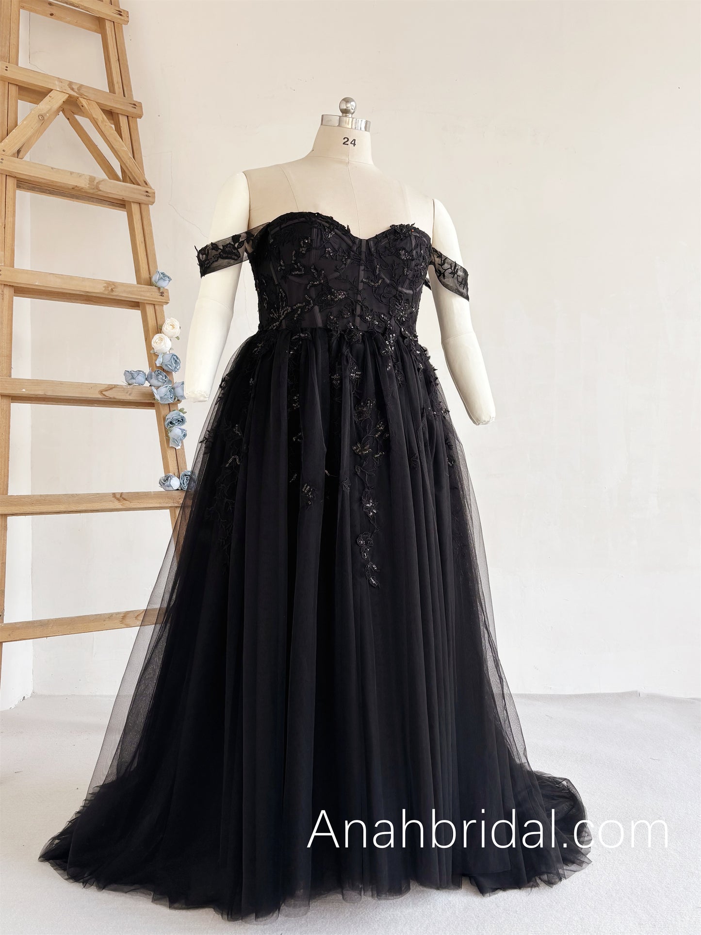 Black Embroidered Lace Wedding Dress