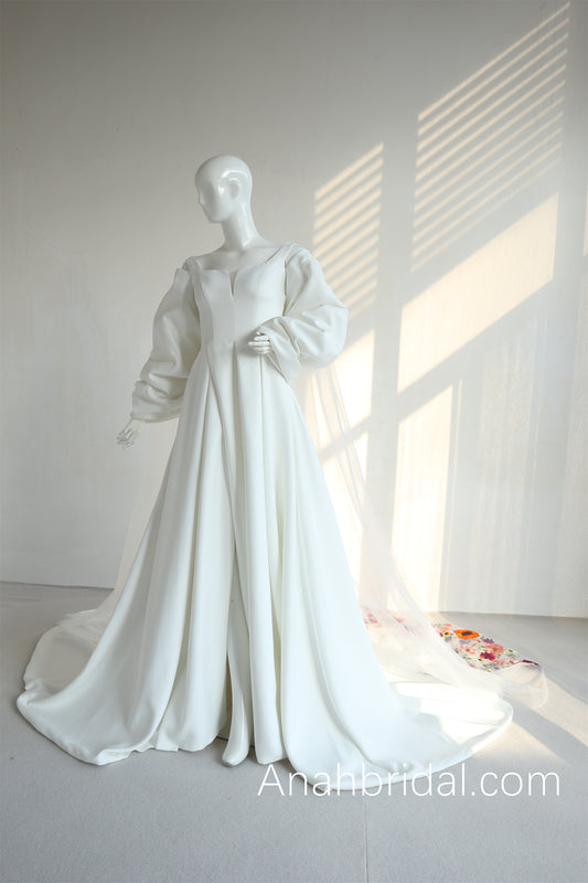 Luxury Satin Bow Sleeve Wedding Dress