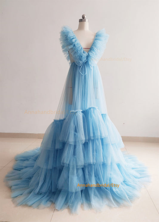 Blue Tulle Ruffled Maternity Dress