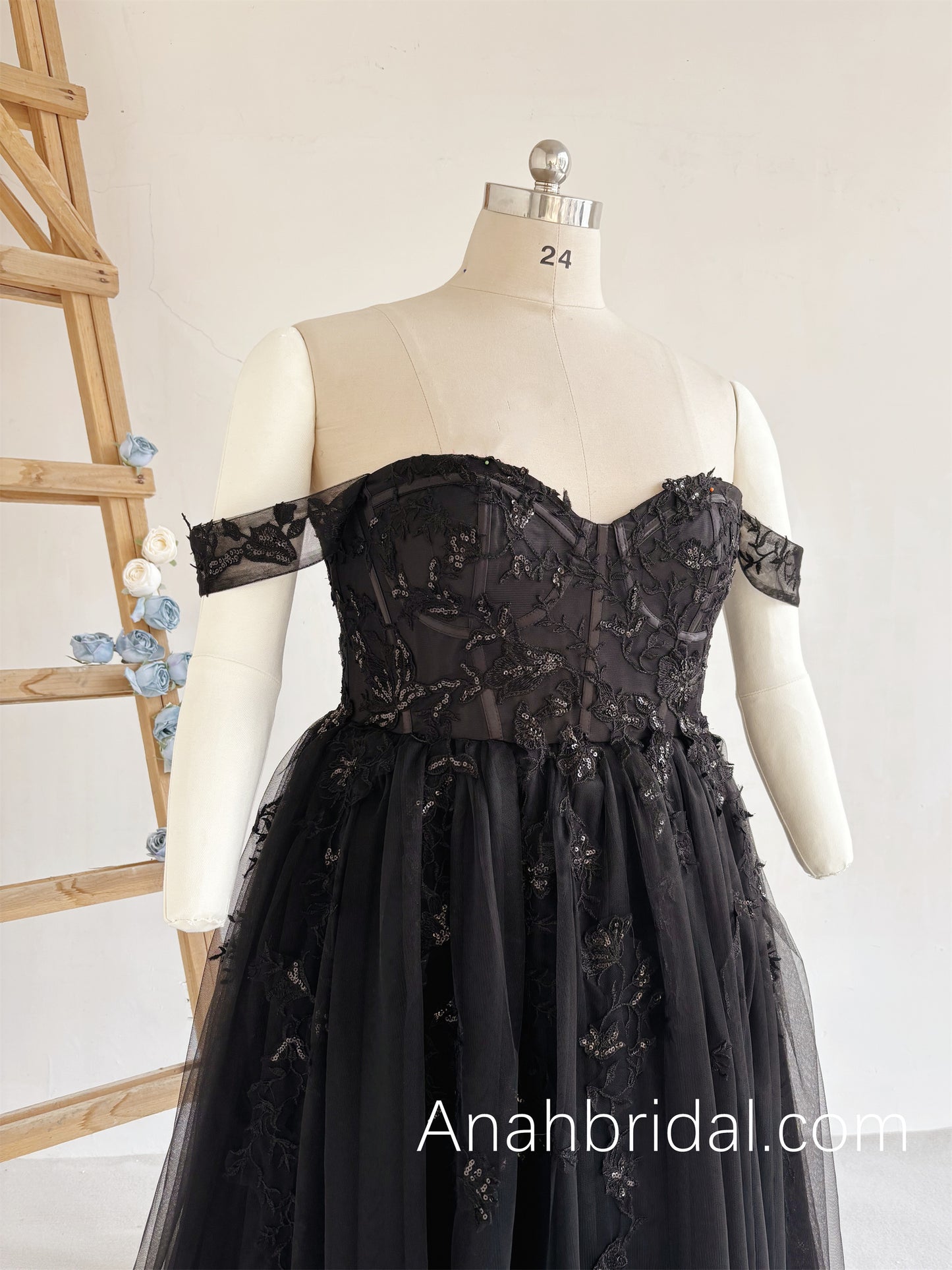Black Embroidered Lace Wedding Dress