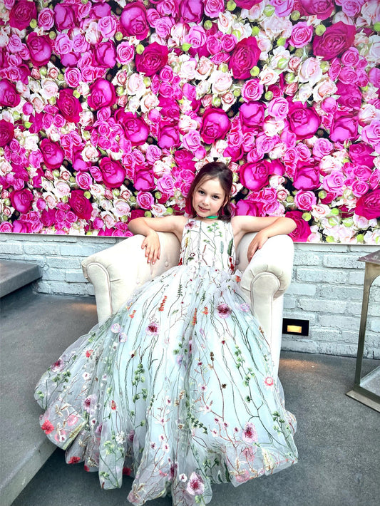 Ivory Floral Lace Full Length Flower Girl Dress