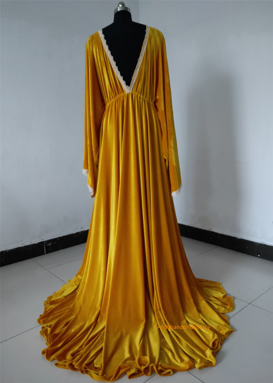 Yellow Gold Velvet Baby shower Dress