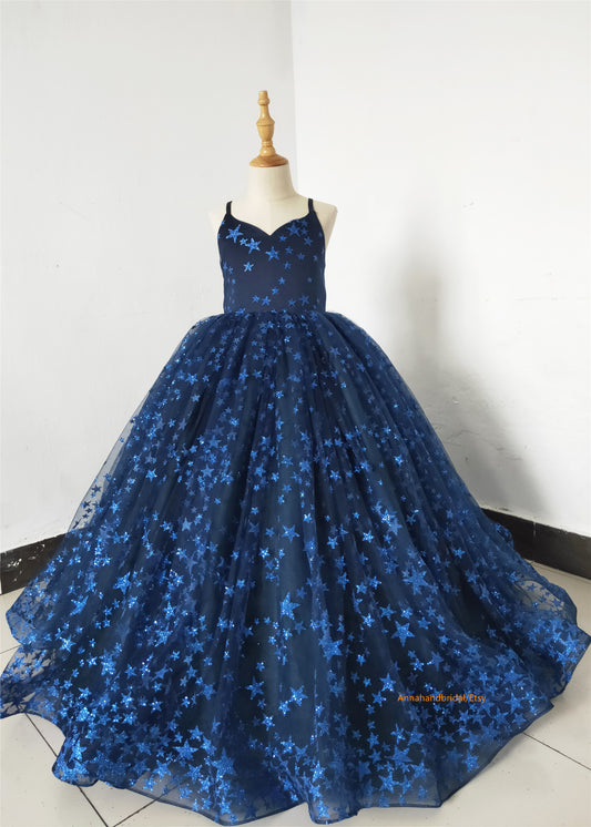 Navy Blue Sparkle Tulle Girls Pageant Dress