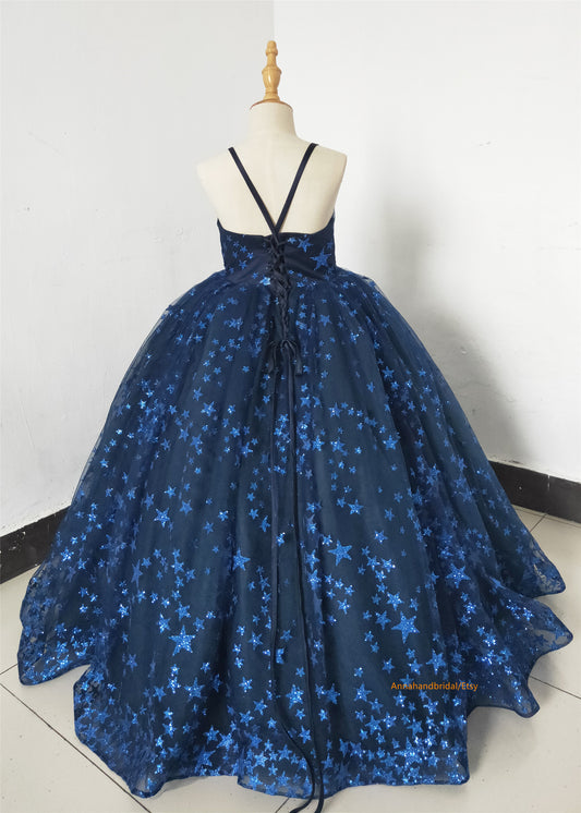 Navy Blue Sparkle Tulle Girls Pageant Dress