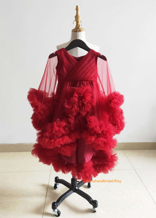 Burgundy Tulle Ruffle Mom And Kids Photoshoot Dress