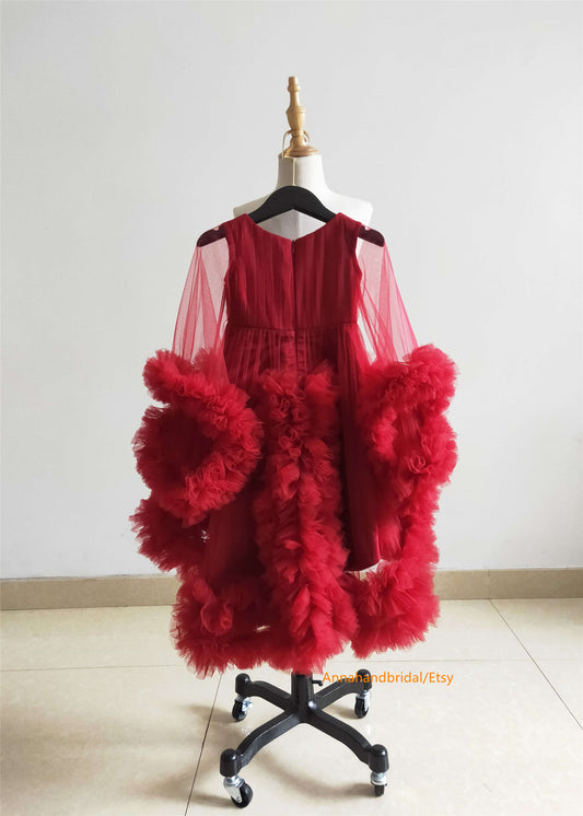 Burgundy Tulle Ruffle Mom And Kids Photoshoot Dress