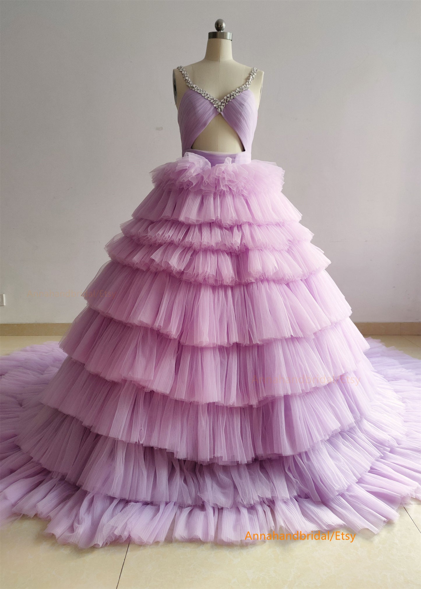 Purple Pleated Tulle Beaded Party Dress