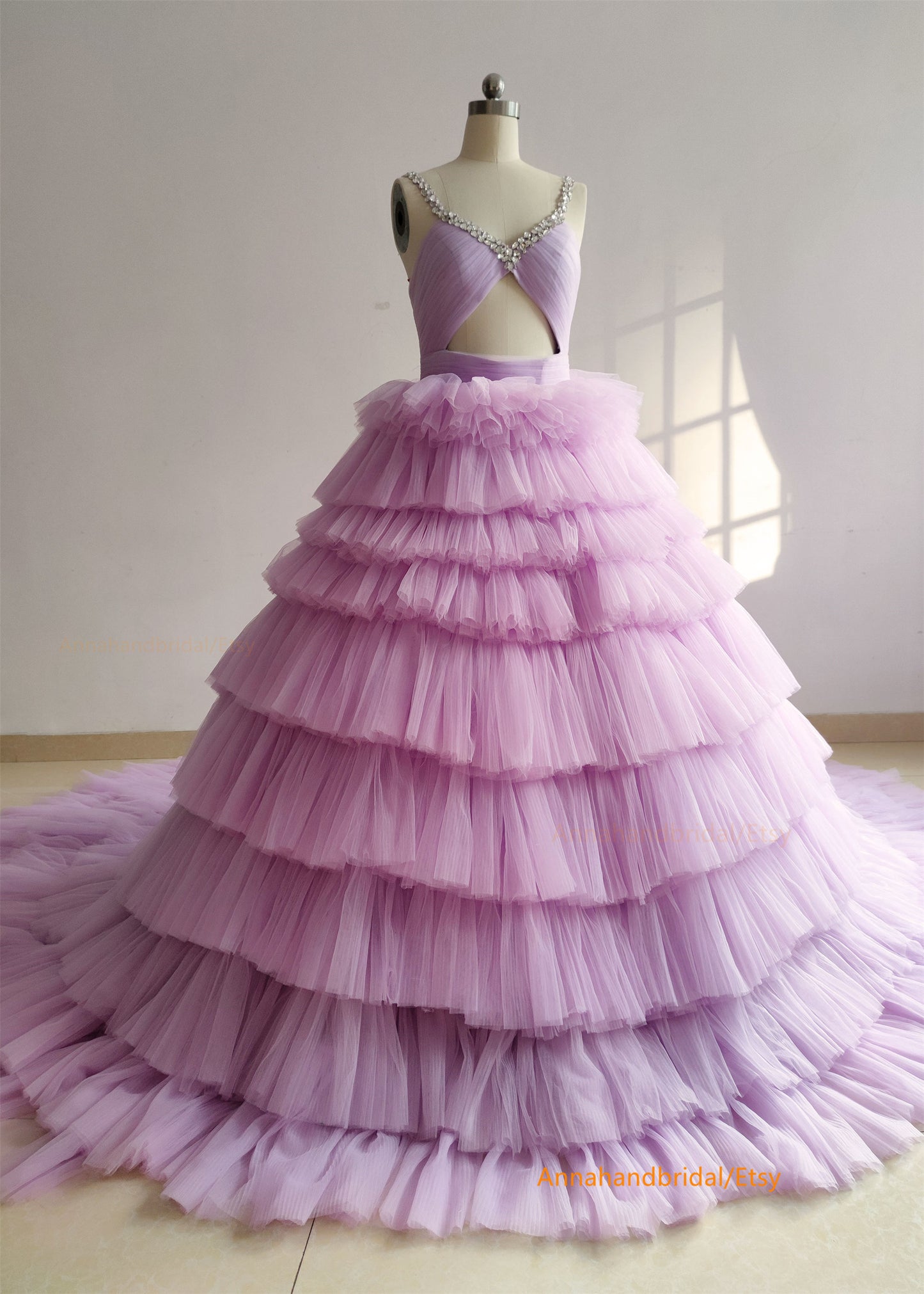 Purple Pleated Tulle Beaded Party Dress