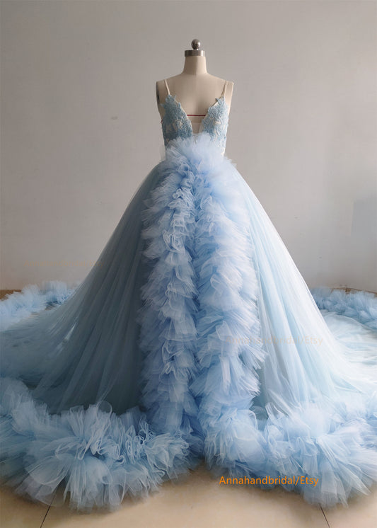 Blue Lace Tulle Bridal Dress/Party Dress/Photo Shoot Dress