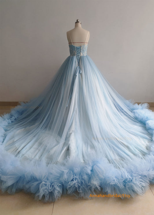 Blue Lace Tulle Bridal Dress/Party Dress/Photo Shoot Dress