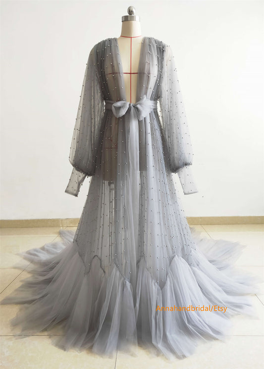 Gray Pearls Tulle Maternity Dress