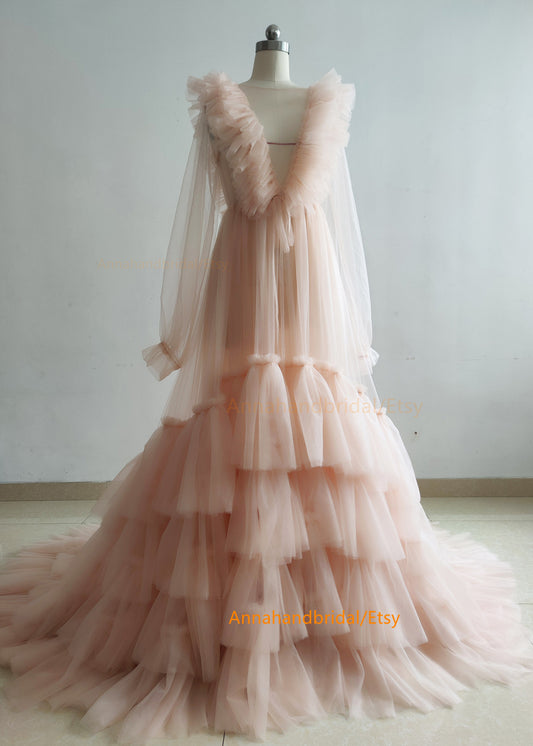 Blush Tulle Long Sleeves Photo Shot Dress