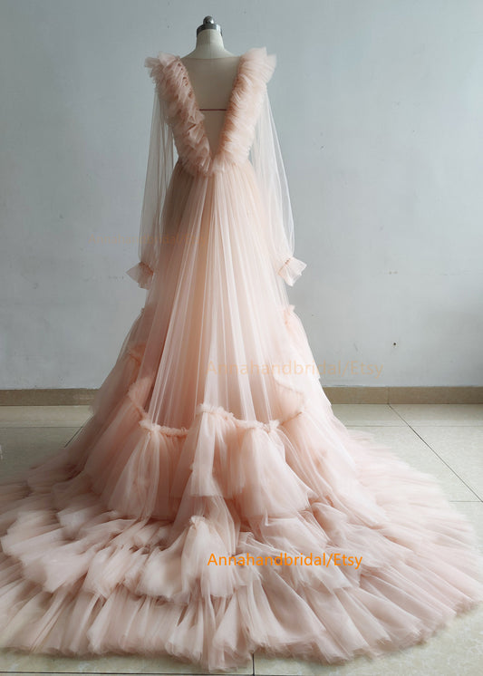 Blush Tulle Long Sleeves Photo Shot Dress