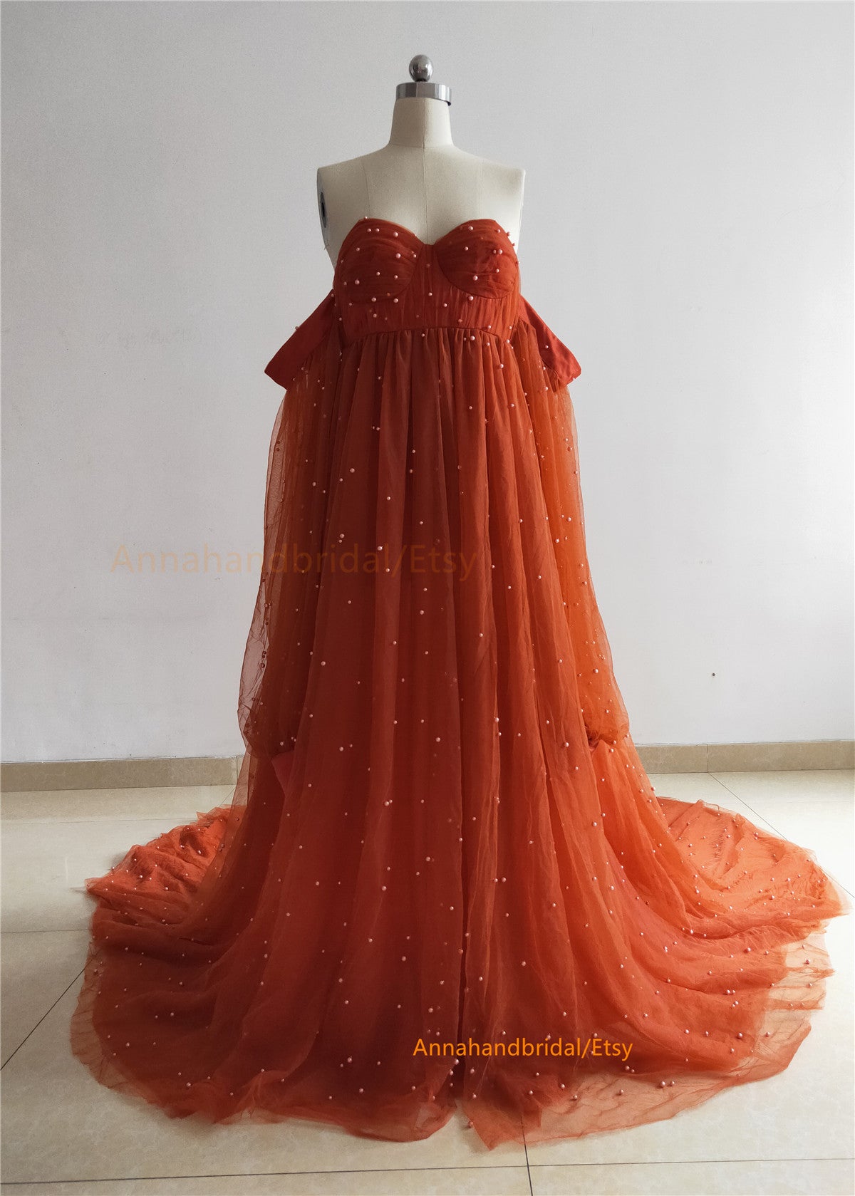 Rust Red Pearls Tulle  Photo Shot Dress