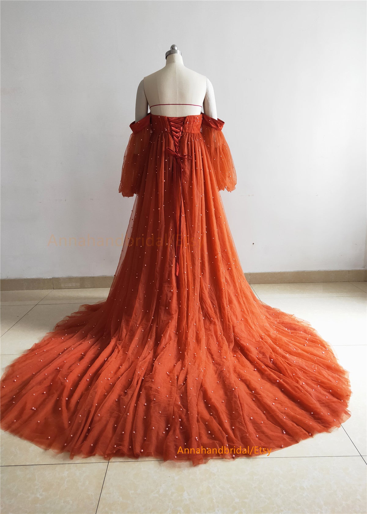 Rust Red Pearls Tulle  Photo Shot Dress