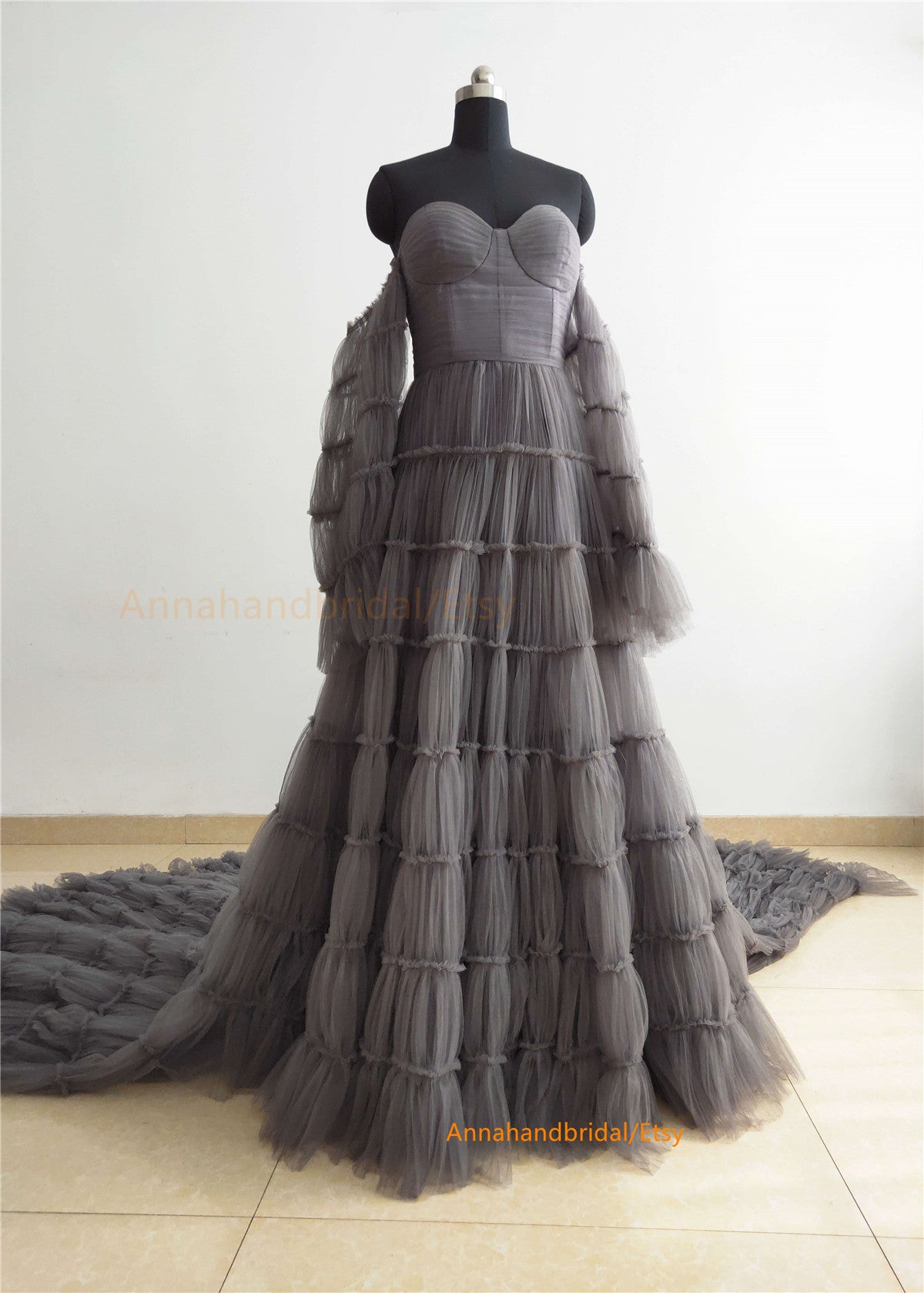 Gray Tulle Pleated Maternity Dress