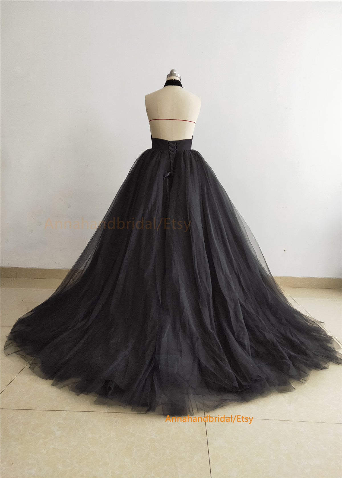 Halter Black Tulle Prom Dress/Bridal Dress