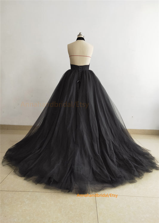 Halter Black Tulle Prom Dress/Bridal Dress