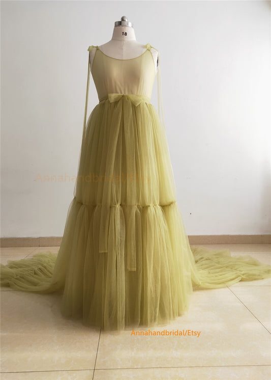 Olive Green Tulle Simple Photo Shot Dress