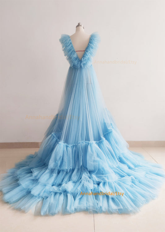 Blue Tulle Ruffled Maternity Dress/Photo Shoot Dress