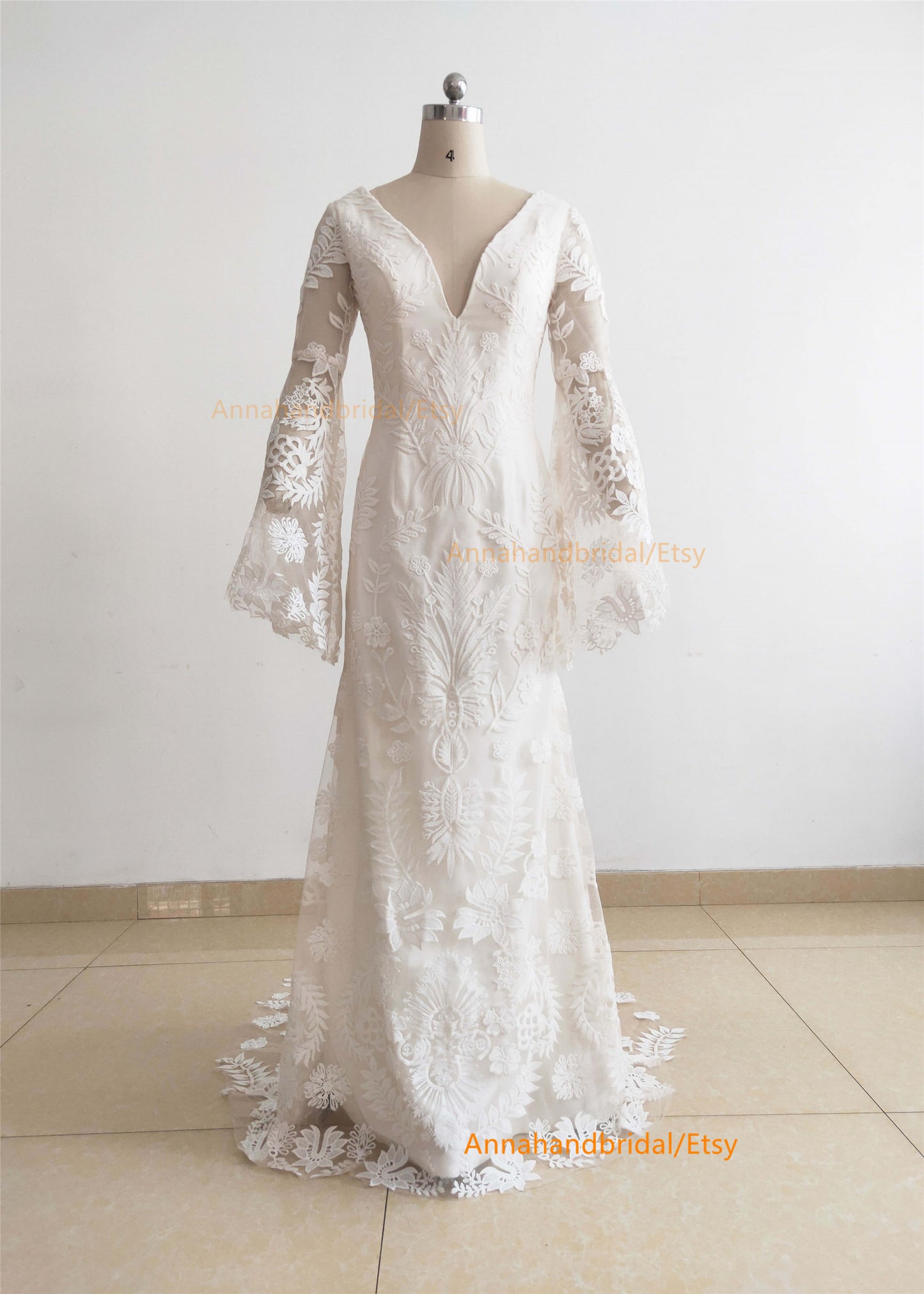 White Lace Tulle Boho Wedding Dress