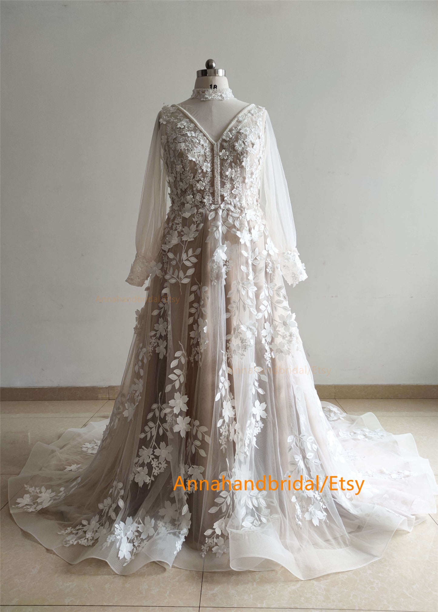 Handmade Pearls Floral Wedding Dress