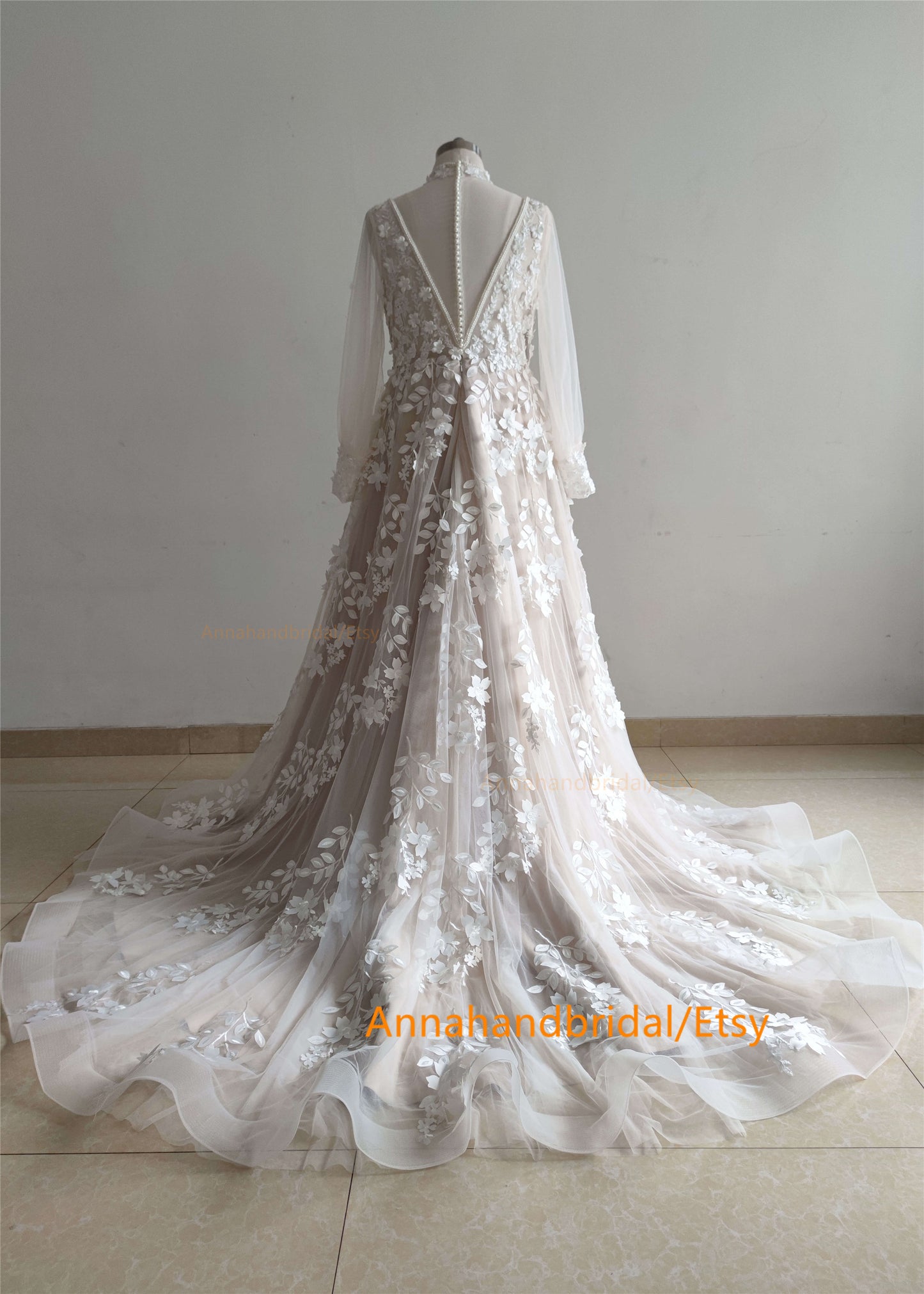 Handmade Pearls Floral Wedding Dress