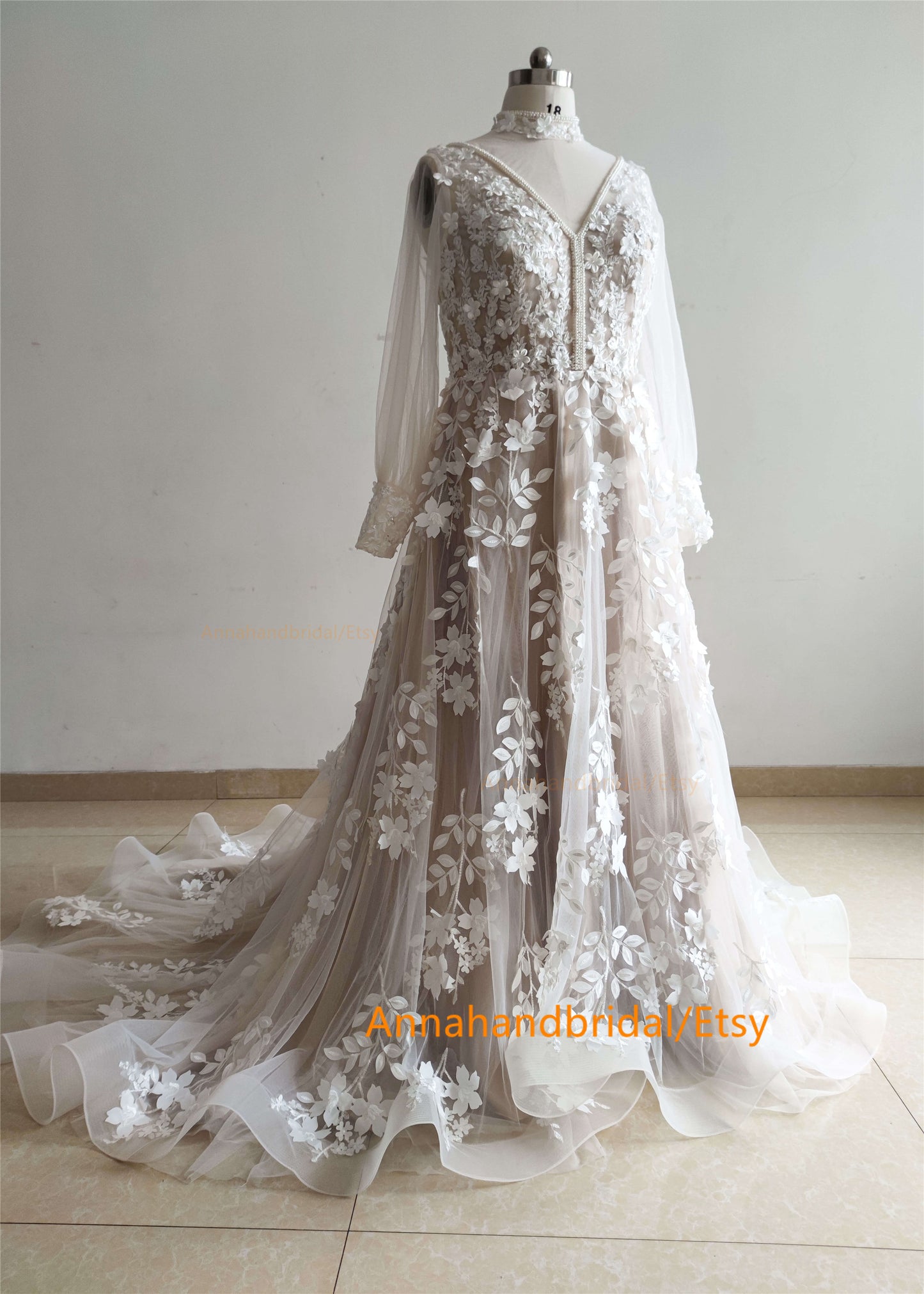 Handmade Pearls Floral Wedding Dress