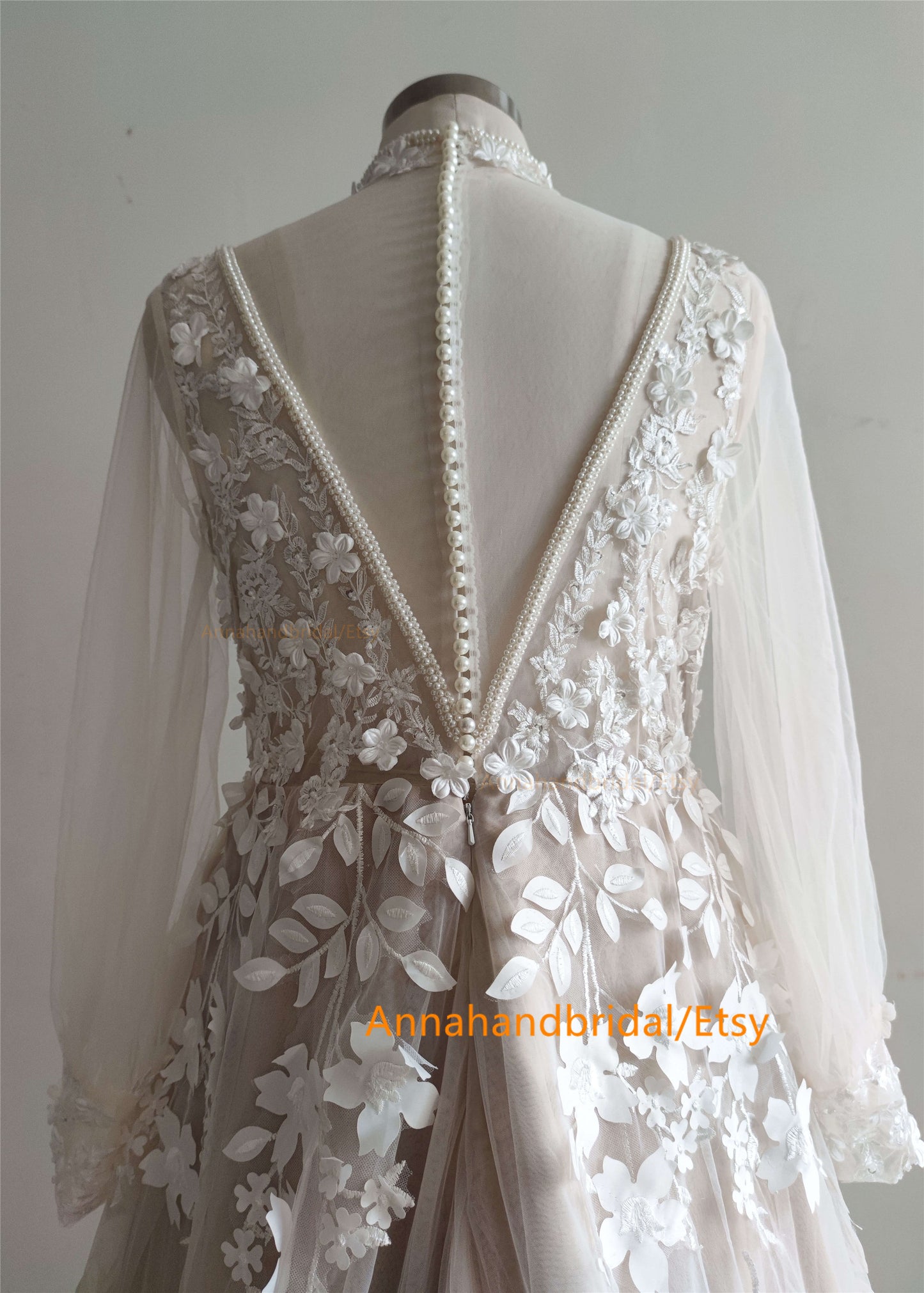 Handmade Pearls Floral Wedding Dress